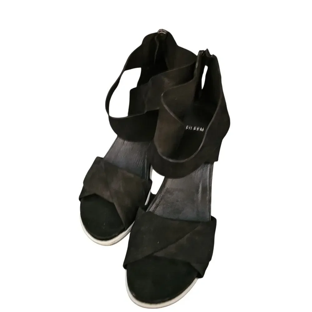 Eileen Fisher black suede ankle strap sandals sz 7 SH463